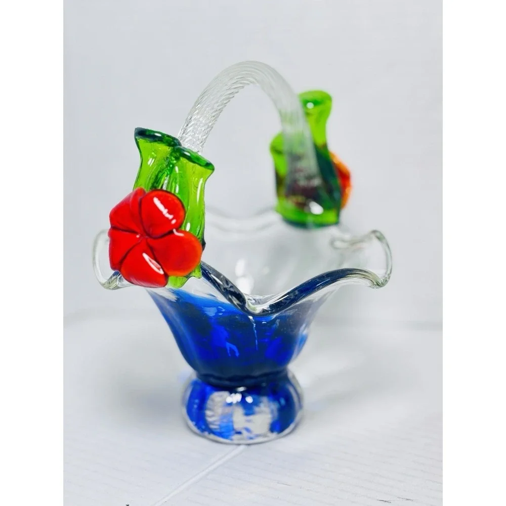 Vintage Murano Style Art Glass Basket Set Blue Red Pedestal Bowls Floral Handles
